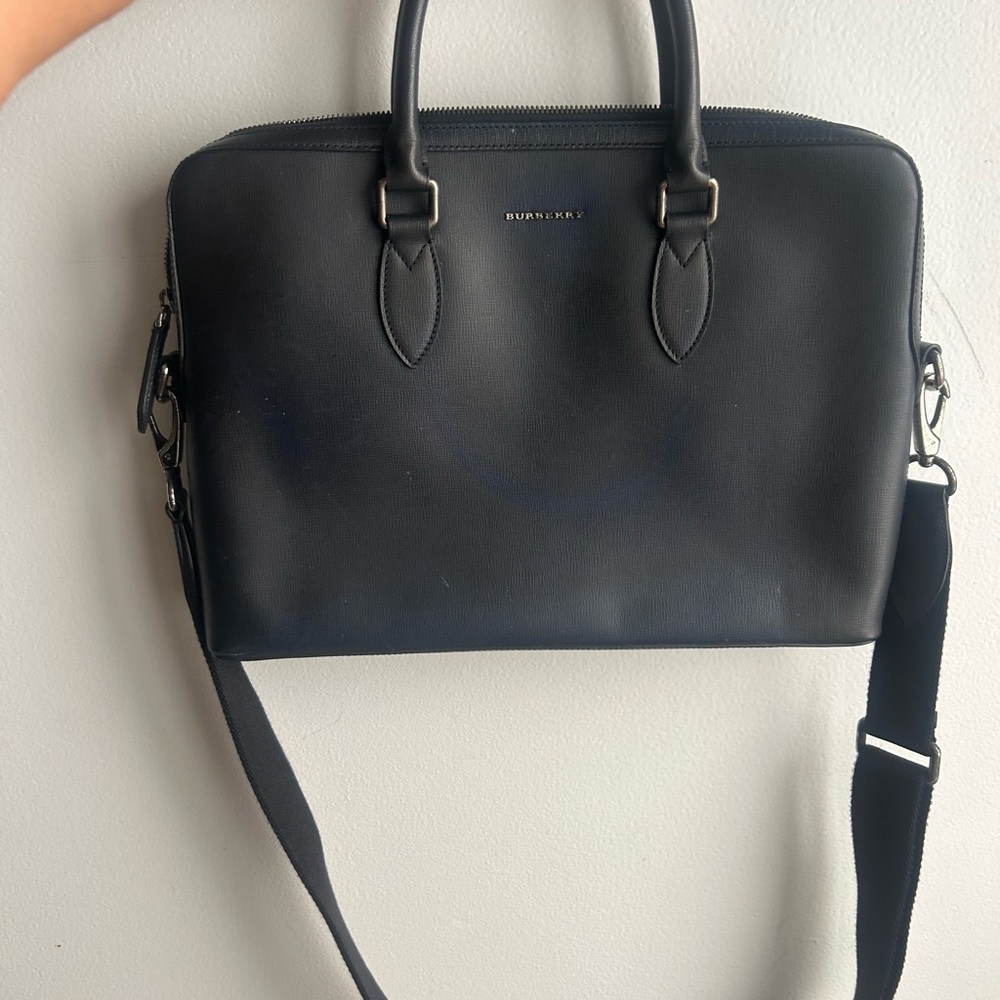 Burberry Black Leather Laptop Briefcase with Detachable Strap